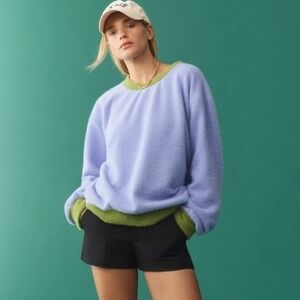 Anthropologie Maeve Blue and Green Colorblock Ringer Fuzzy Oversized Sweatshirt